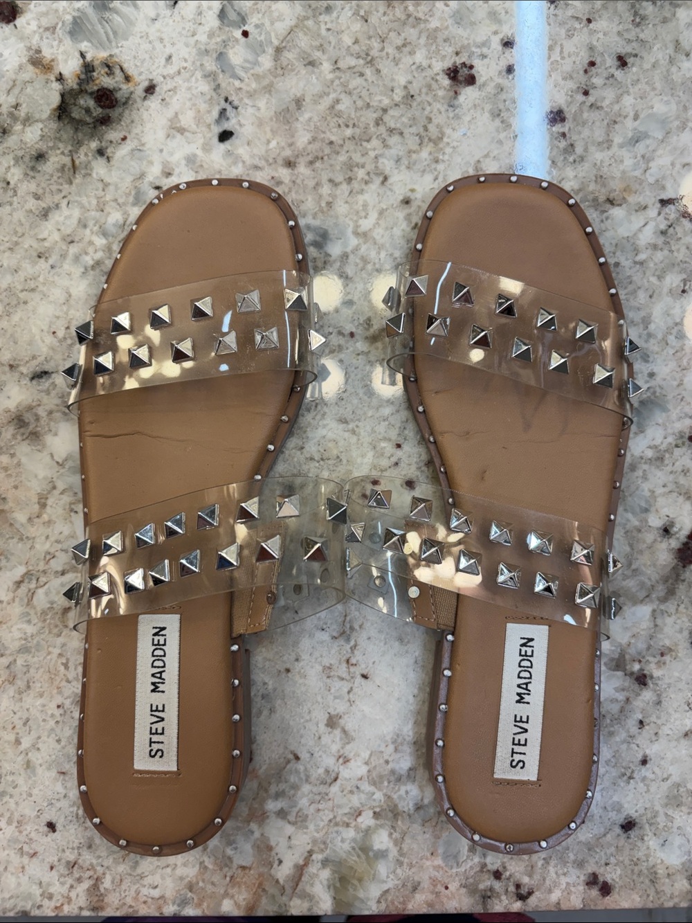 Steve Madden Tan Slide Sandals with Clear Studded Straps